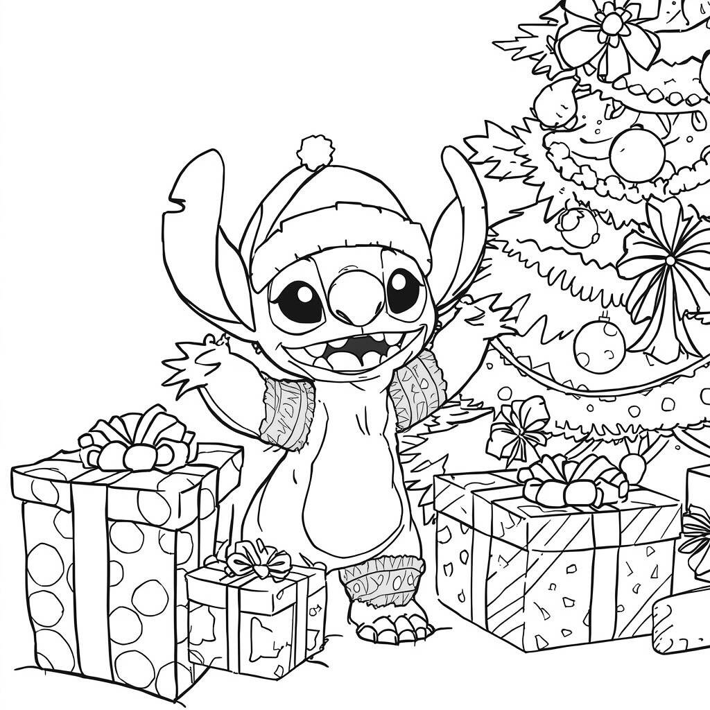 Desenho de Stitch e o Natal para Colorir