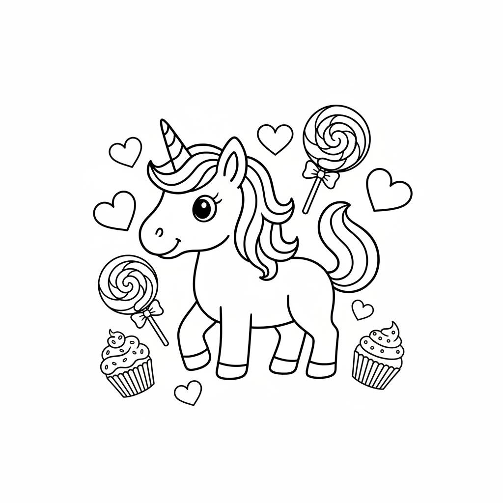 Desenho de Unicórnio com doces para colorir