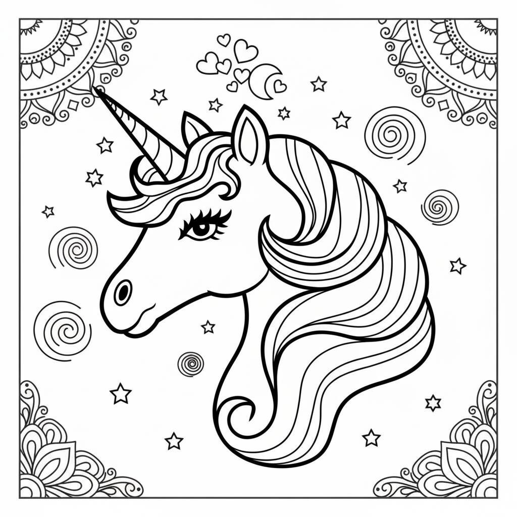 Unicorn with stars coloring page