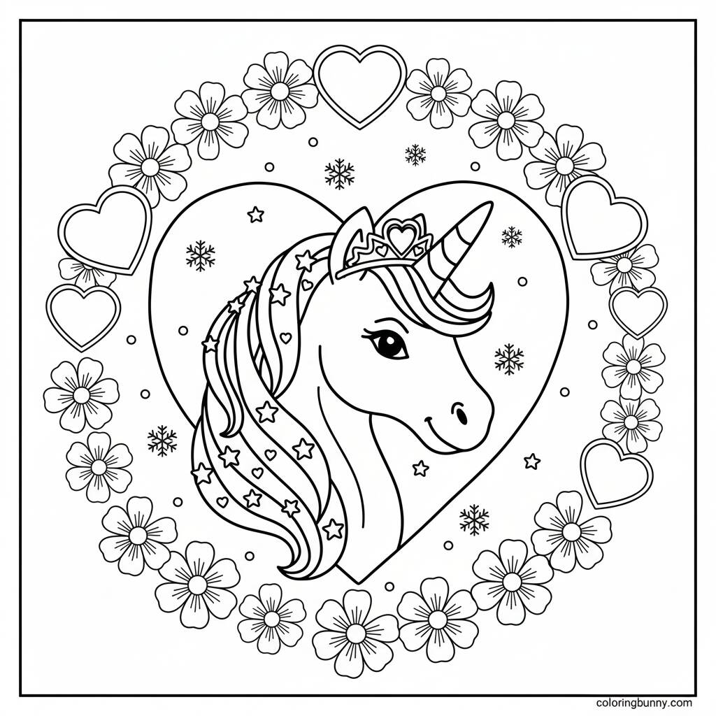 Unicorn with flowers and hearts coloring page