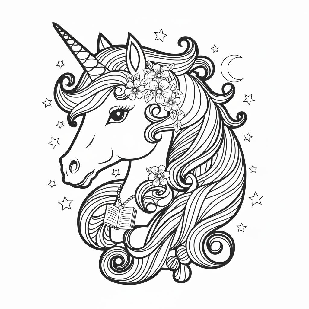 Desenho de Unicórnio com flores para colorir