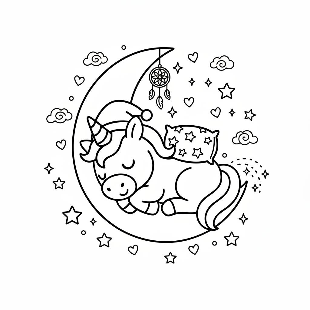 Desenho de Unicórnio dormindo na lua para colorir