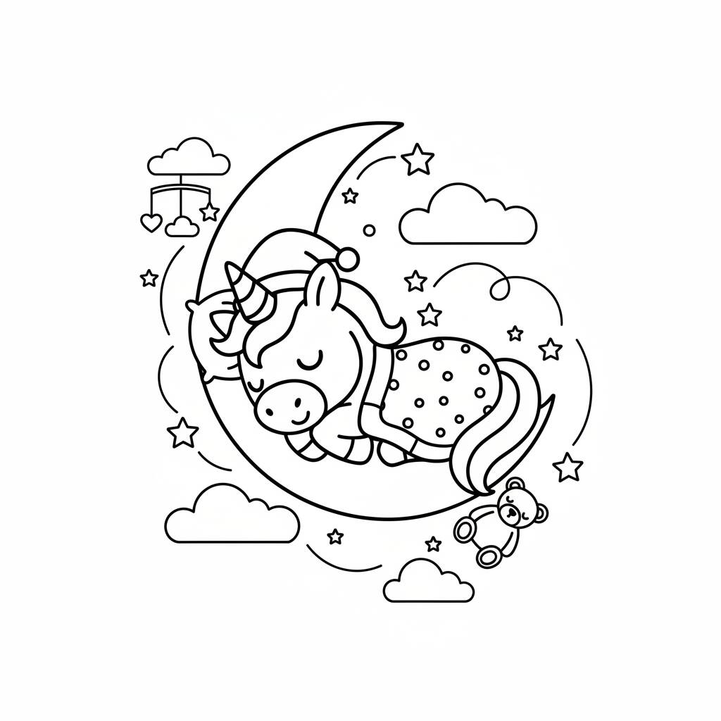 Desenho de Unicórnio dormindo na lua para colorir
