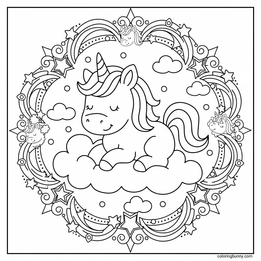 Desenho de Unicórnio dormindo nas nuvens para colorir