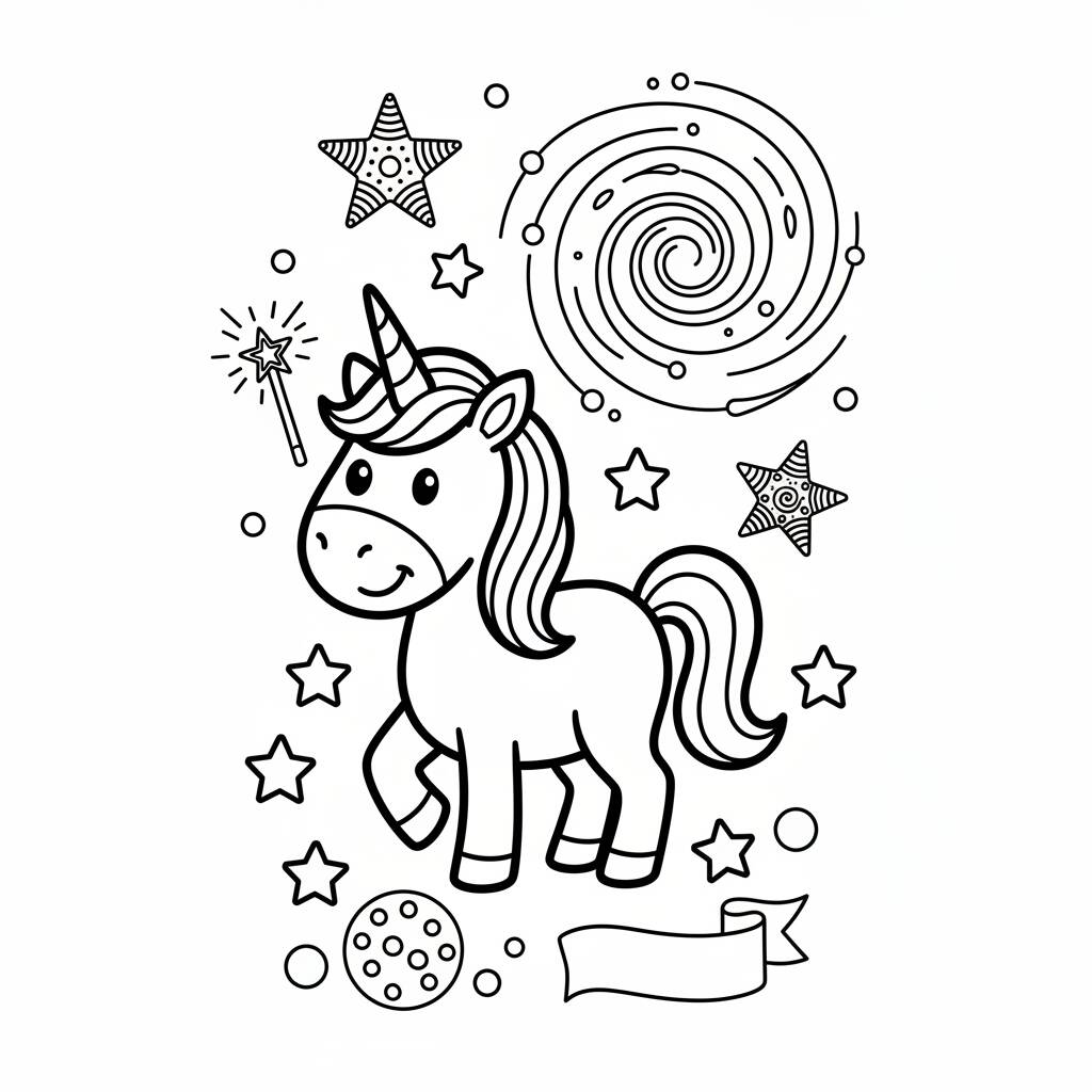 Happy unicorn with stars coloring page