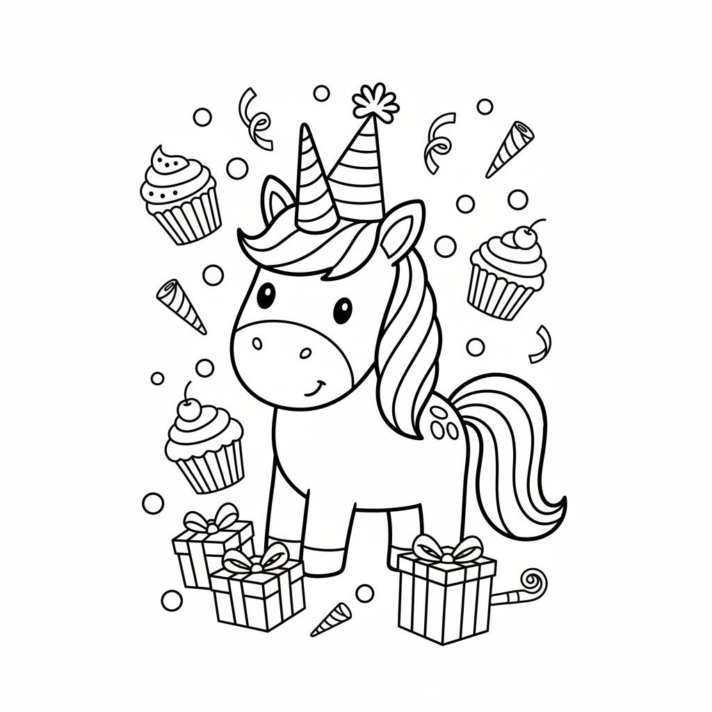 Desenho de Unicórnio festivo com presentes e bolos para colorir