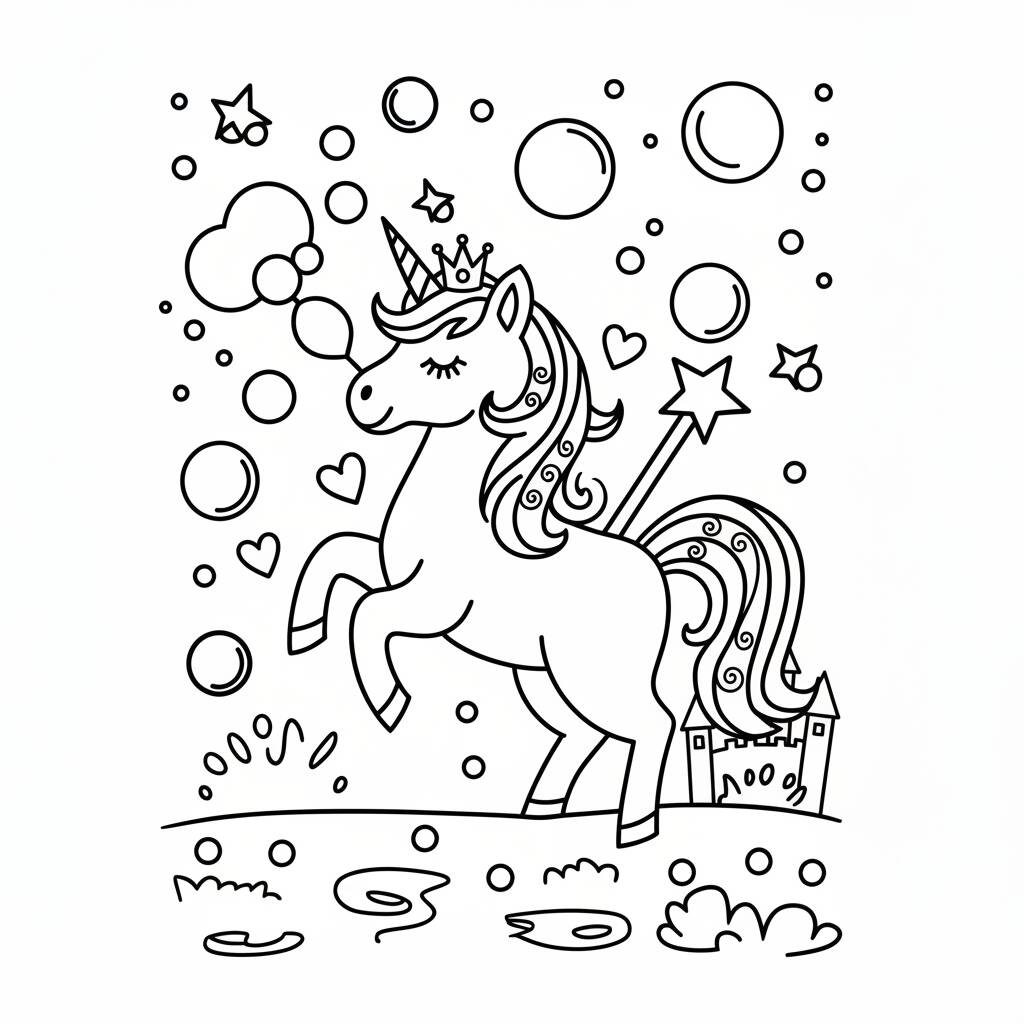 Desenho de Unicórnio mágico com bolhas para colorir