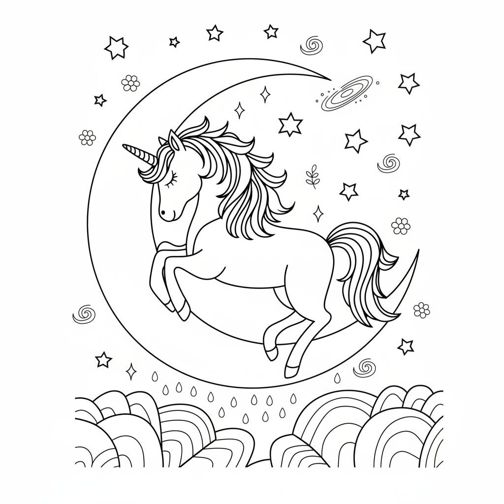 Desenho de Unicórnio na lua para colorir