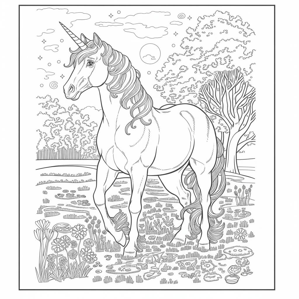 Desenho de Unicórnio no campo para colorir