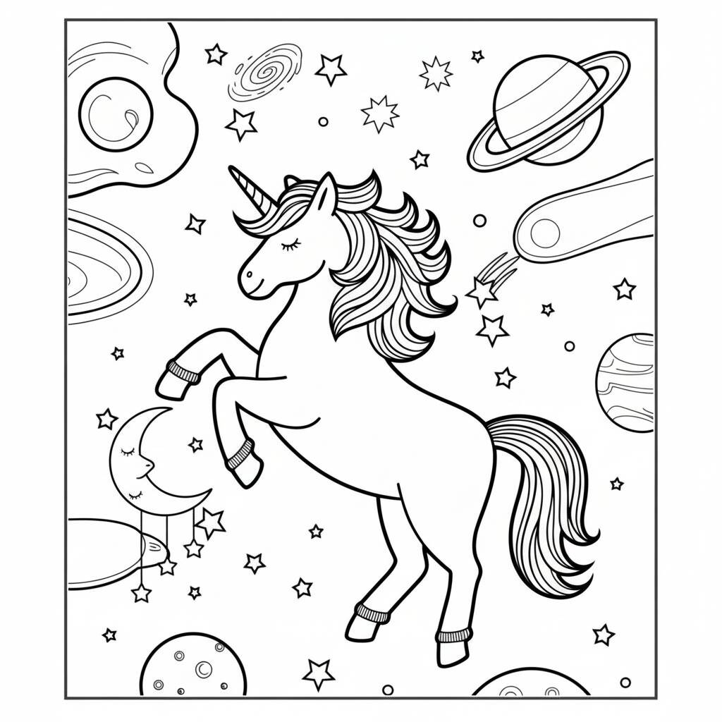 Desenho de Unicórnio no espaço para colorir