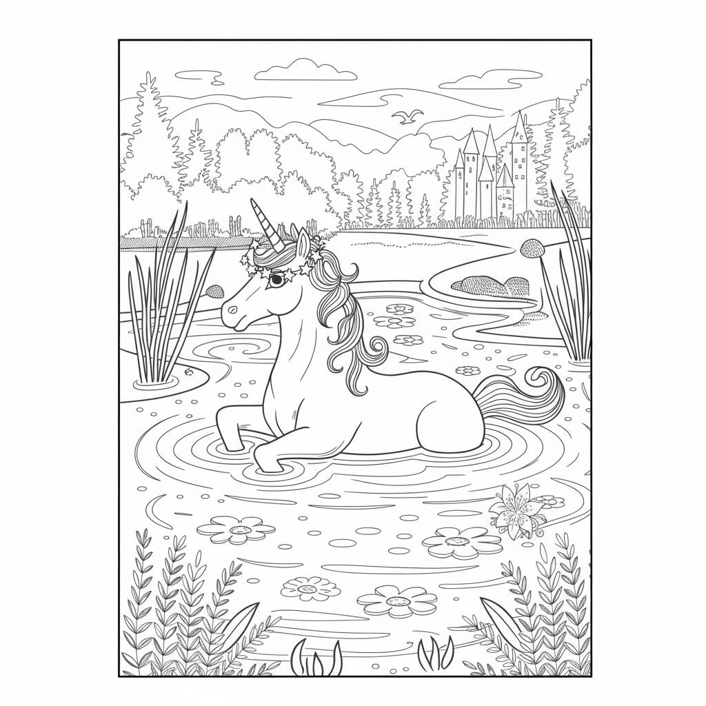 Desenho de Unicórnio no lago para colorir