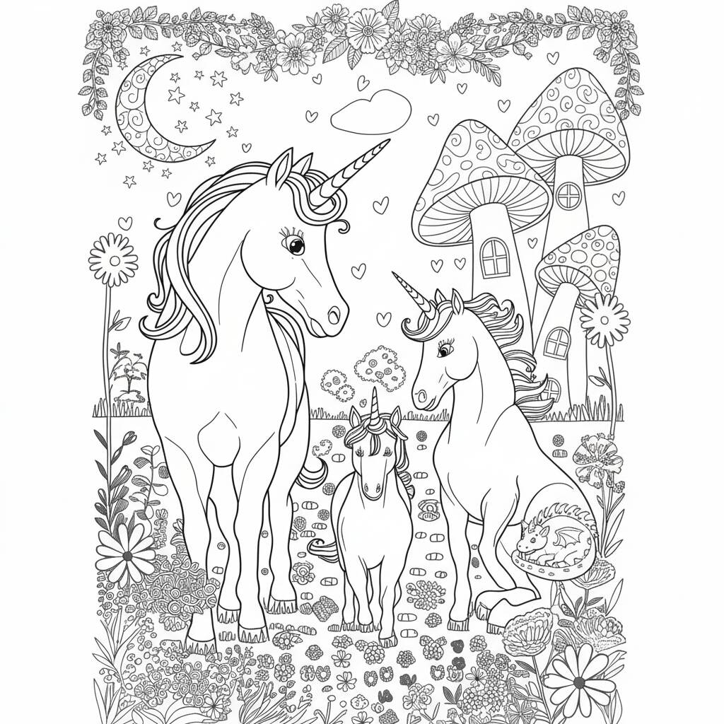 Desenho de Unicórnios em um cenário mágico para colorir