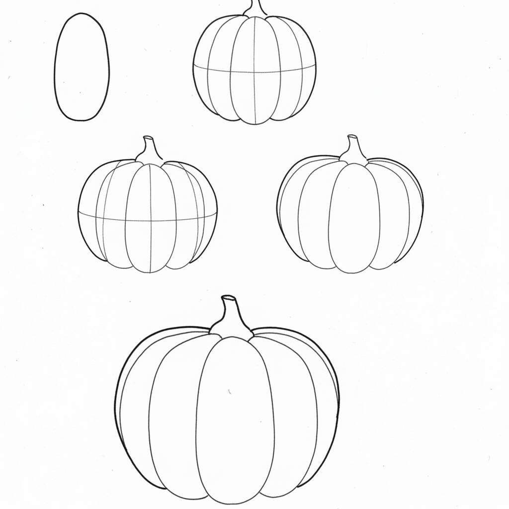 Desenho de abóbora com etapas de como desenhar