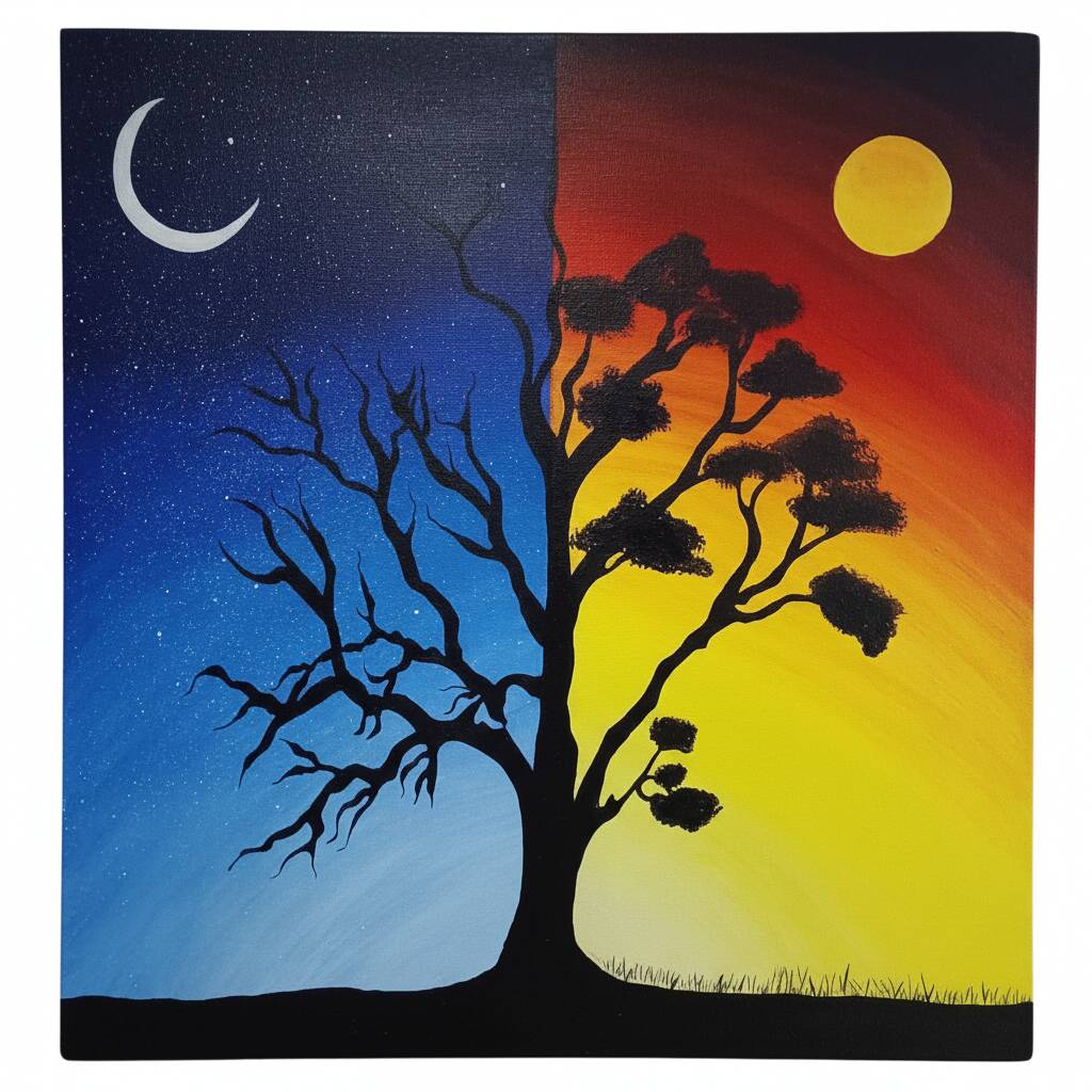 Desenho de árvore dividida entre dia e noite com lua e sol