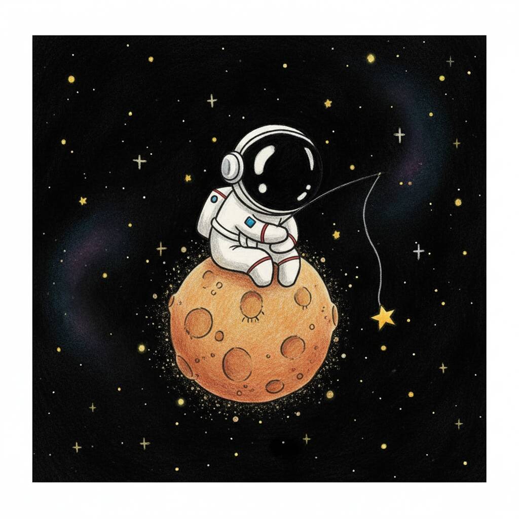 Desenho de astronauta pescando estrelas em um planeta