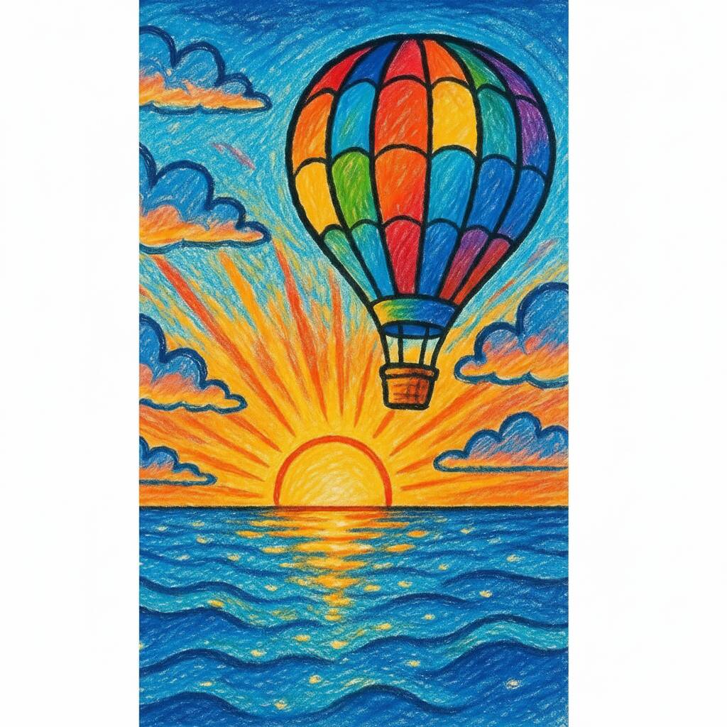 Desenho de balão de ar quente colorido ao pôr do sol sobre o mar