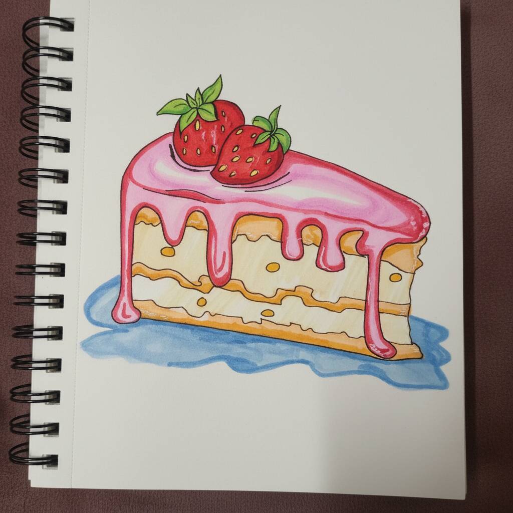 Desenho de bolo de morango com cobertura rosa para colorir