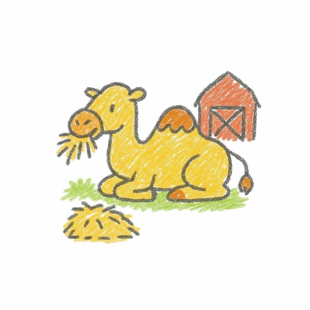 Desenho de camelo com feno e celeiro para colorir