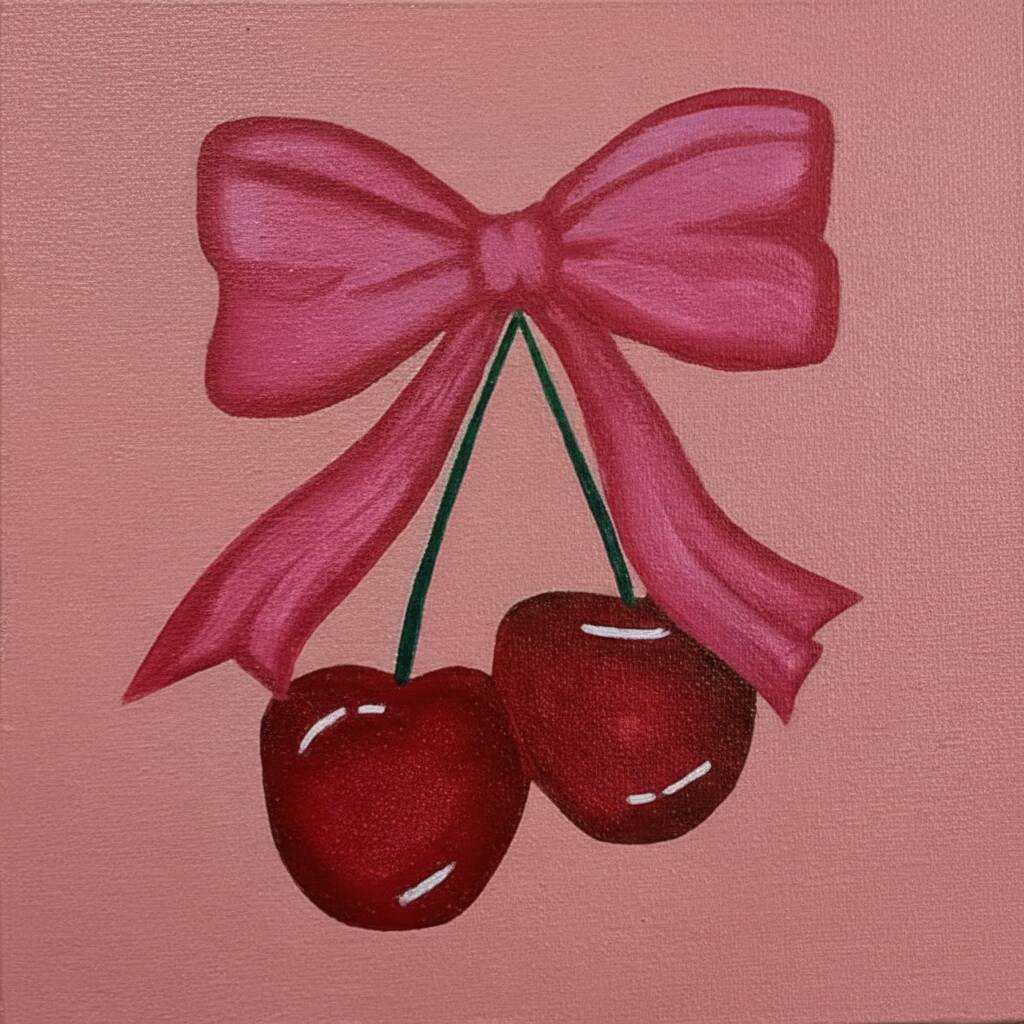 Desenho de cerejas com laço rosa para colorir