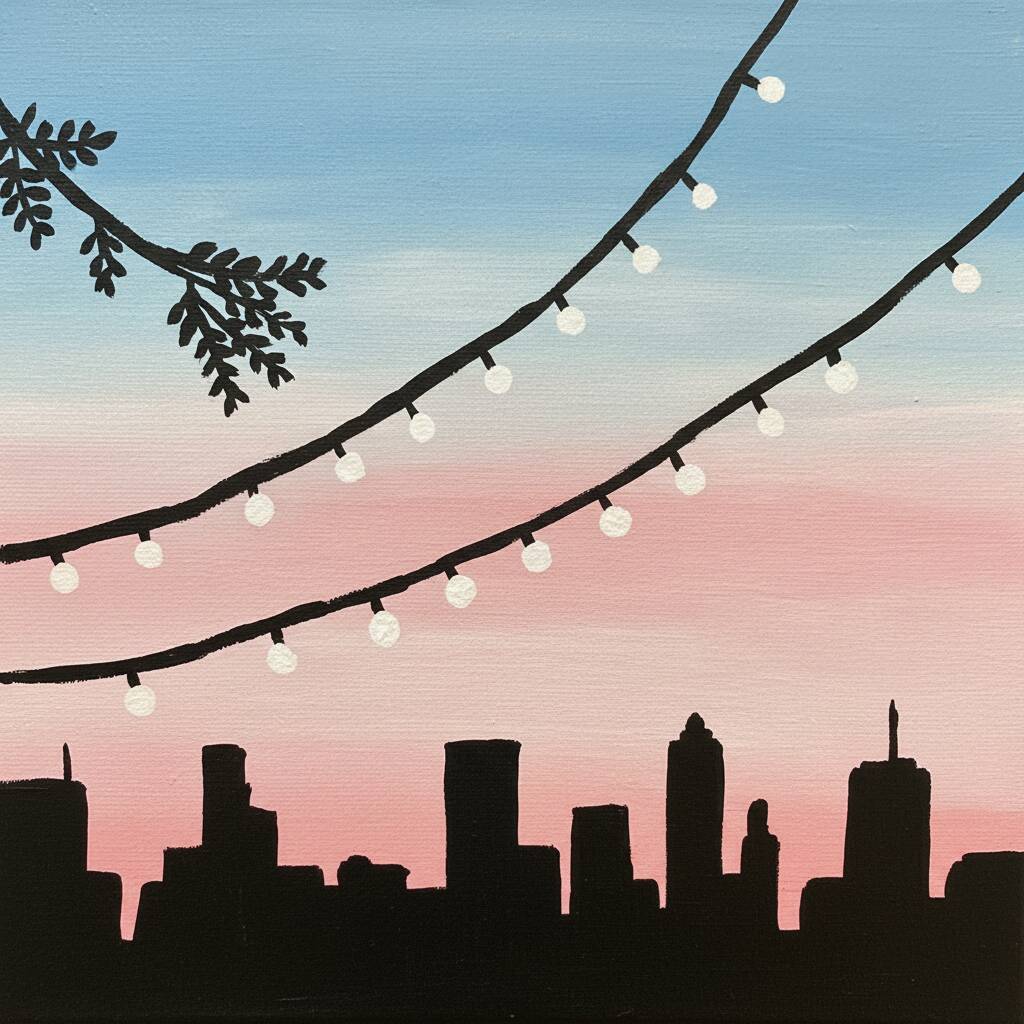 Desenho de cidade ao pôr do sol com luzes penduradas