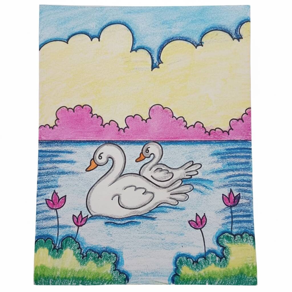 Desenho de cisnes nadando em uma lagoa com flores ao redor