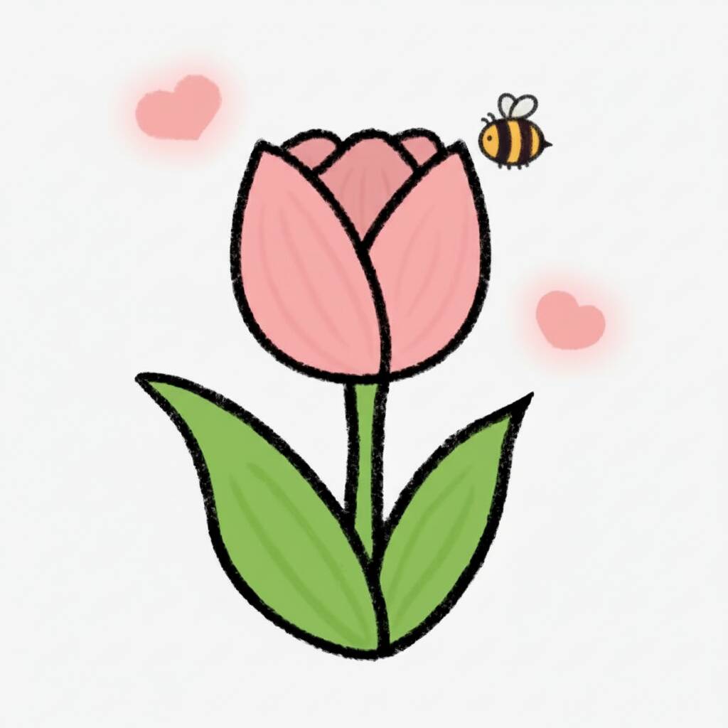Desenho de flor de tulipa rosa com abelha para colorir