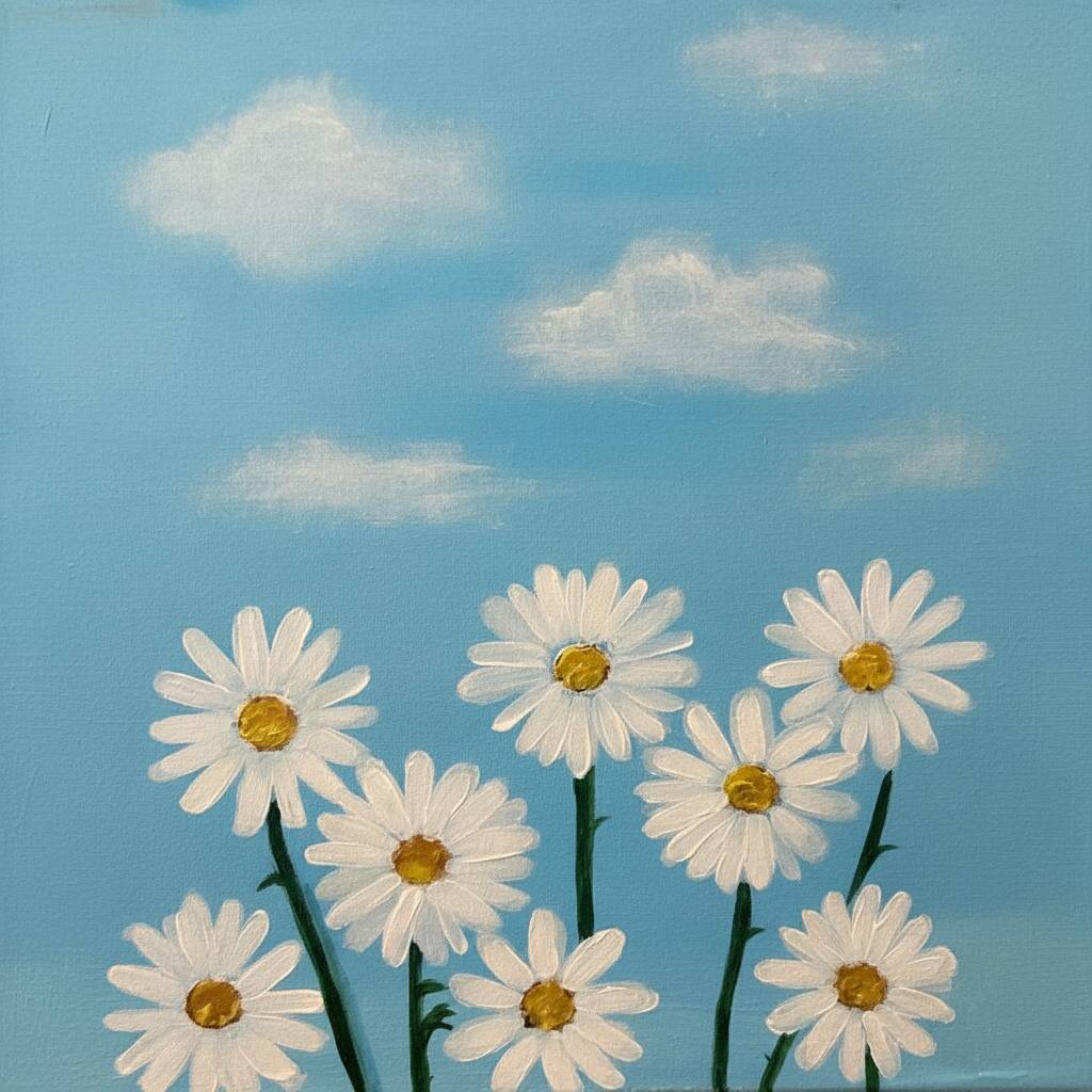 Desenho de flores margaridas em um céu azul