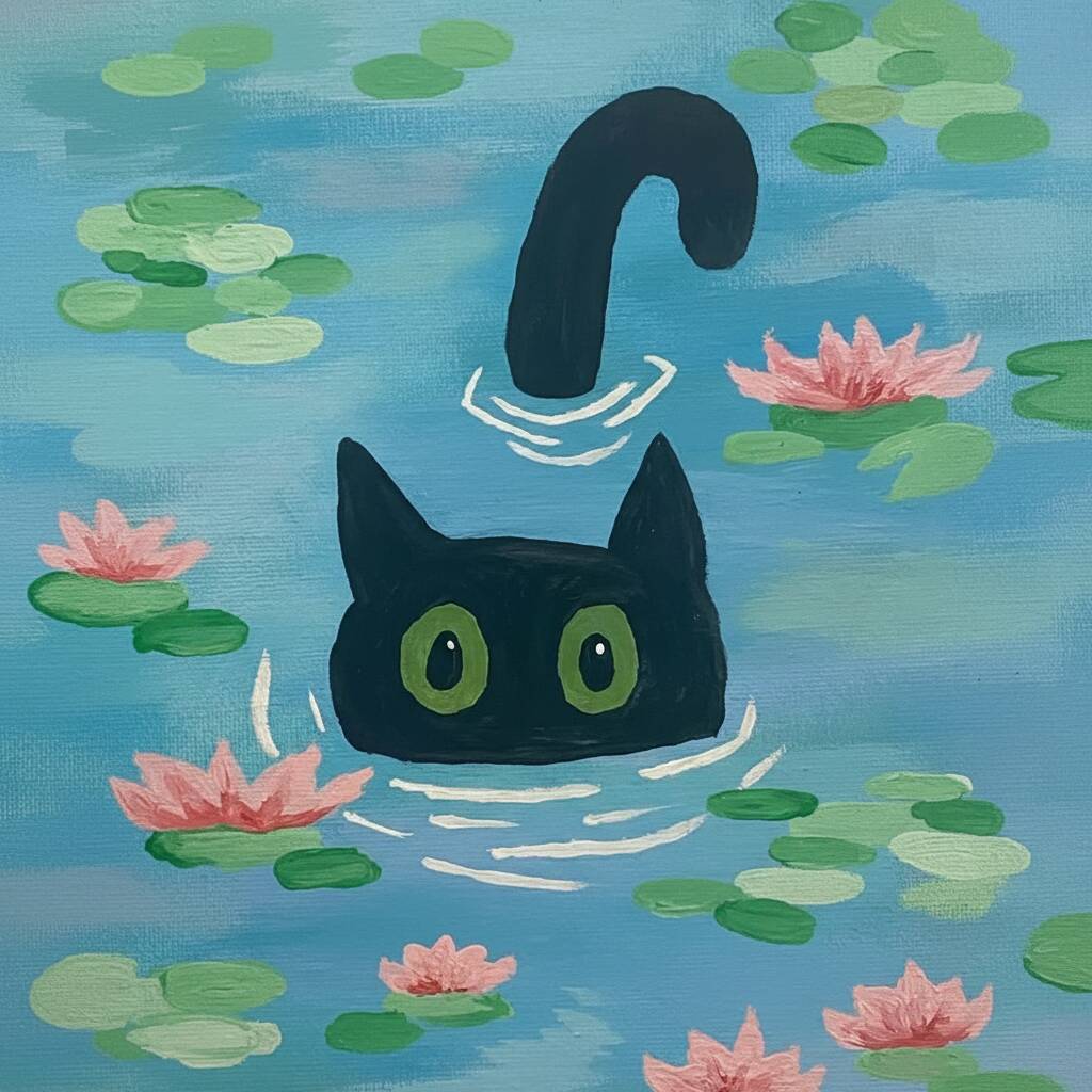 Desenho de gato curioso em lago com flores de lótus para colorir