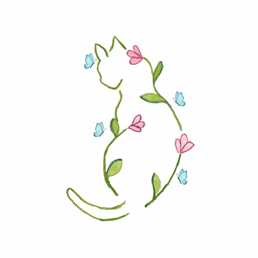 Desenho de gato decorado com flores para colorir