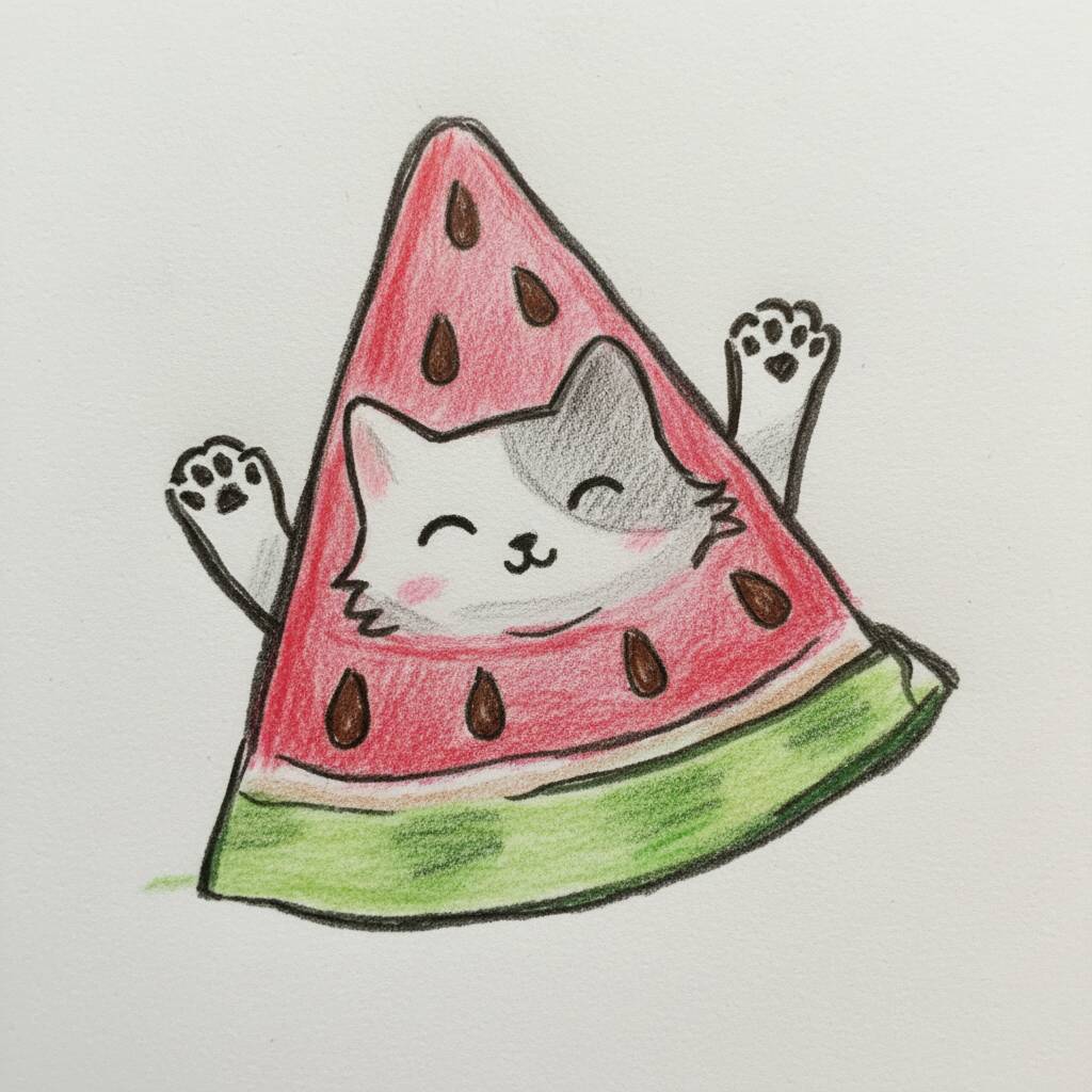 Desenho de gato divertido em fatia de melancia para colorir