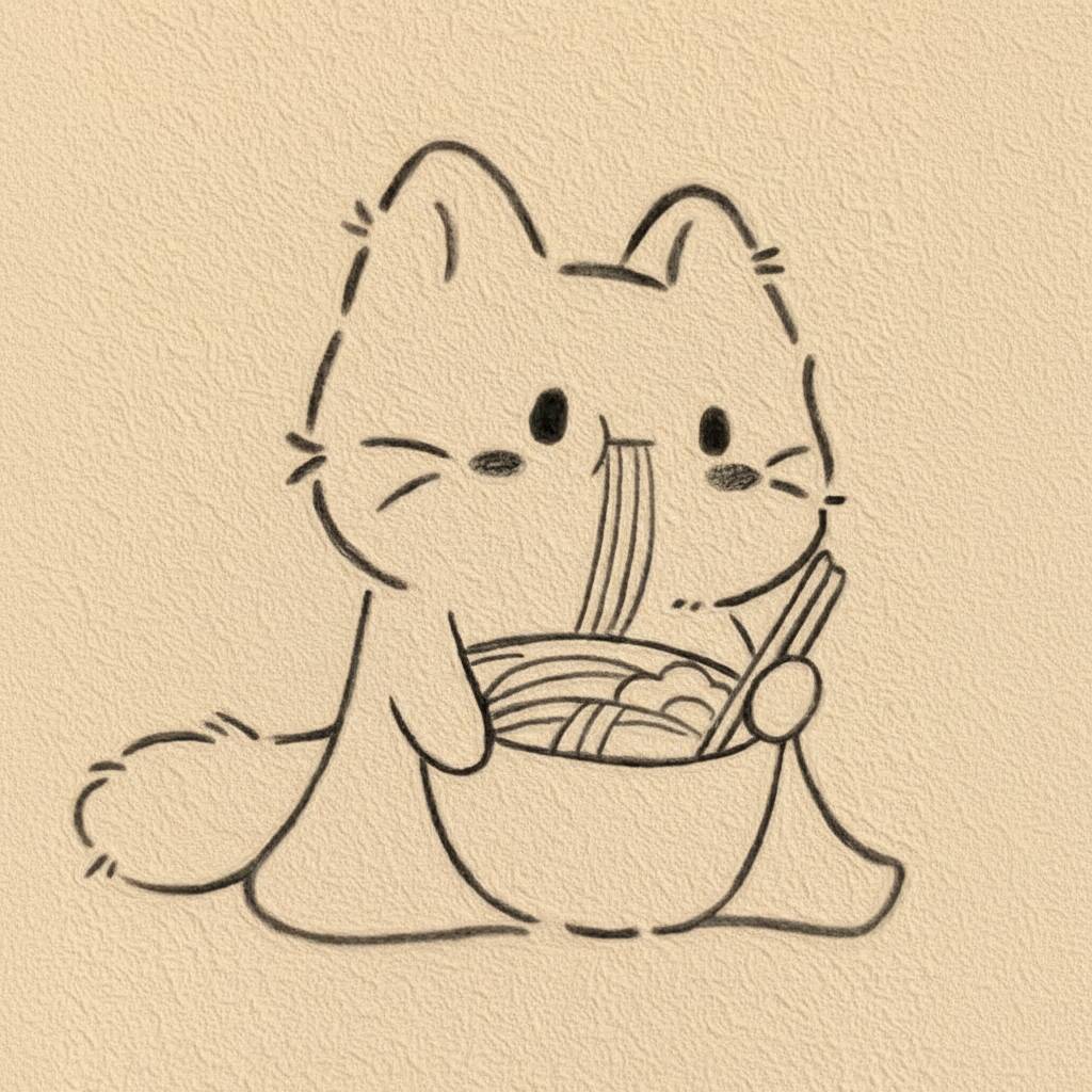 Desenho de gato fofo com macarrão para colorir