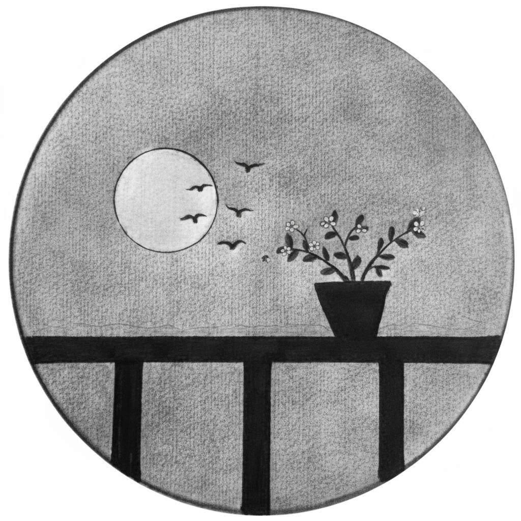 Desenho de natureza com vaso de flores e lua para colorir