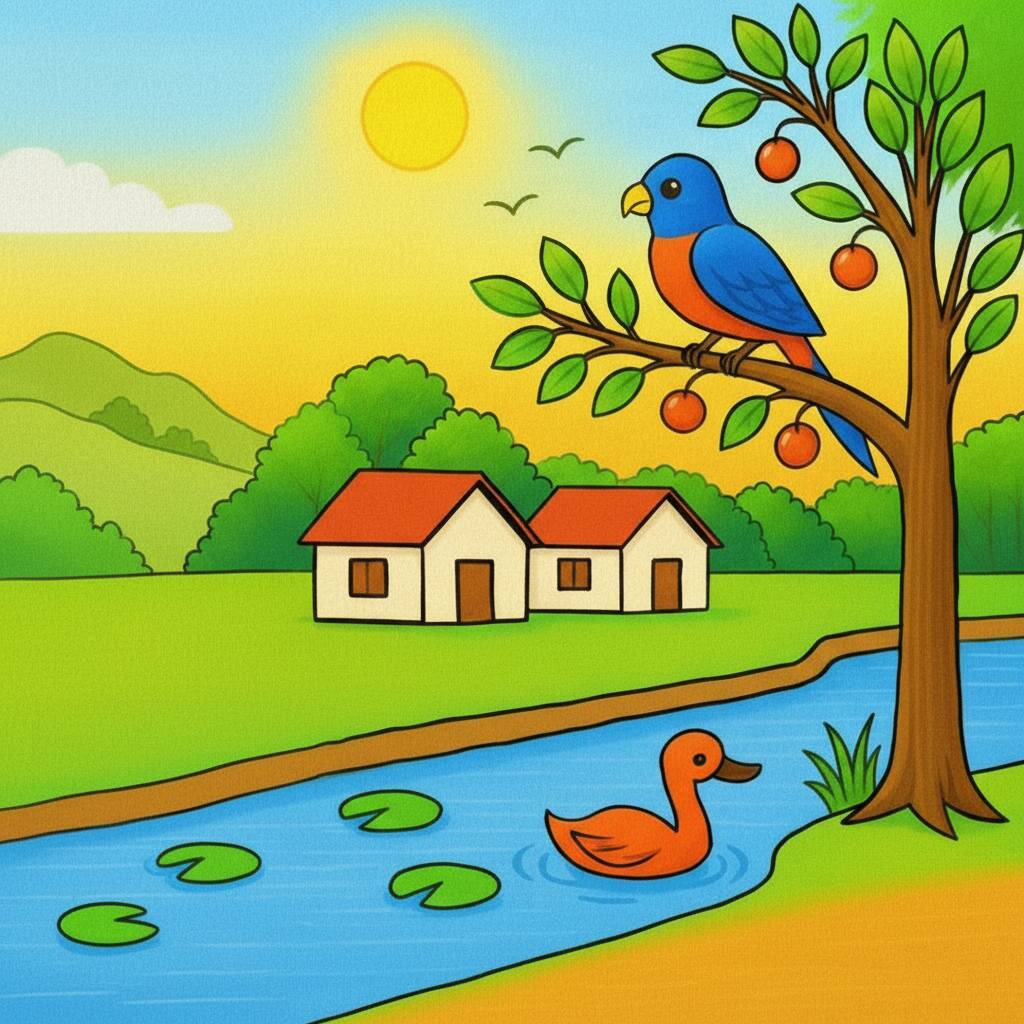 Desenho de paisagem com lago, patinho, árvores e casas