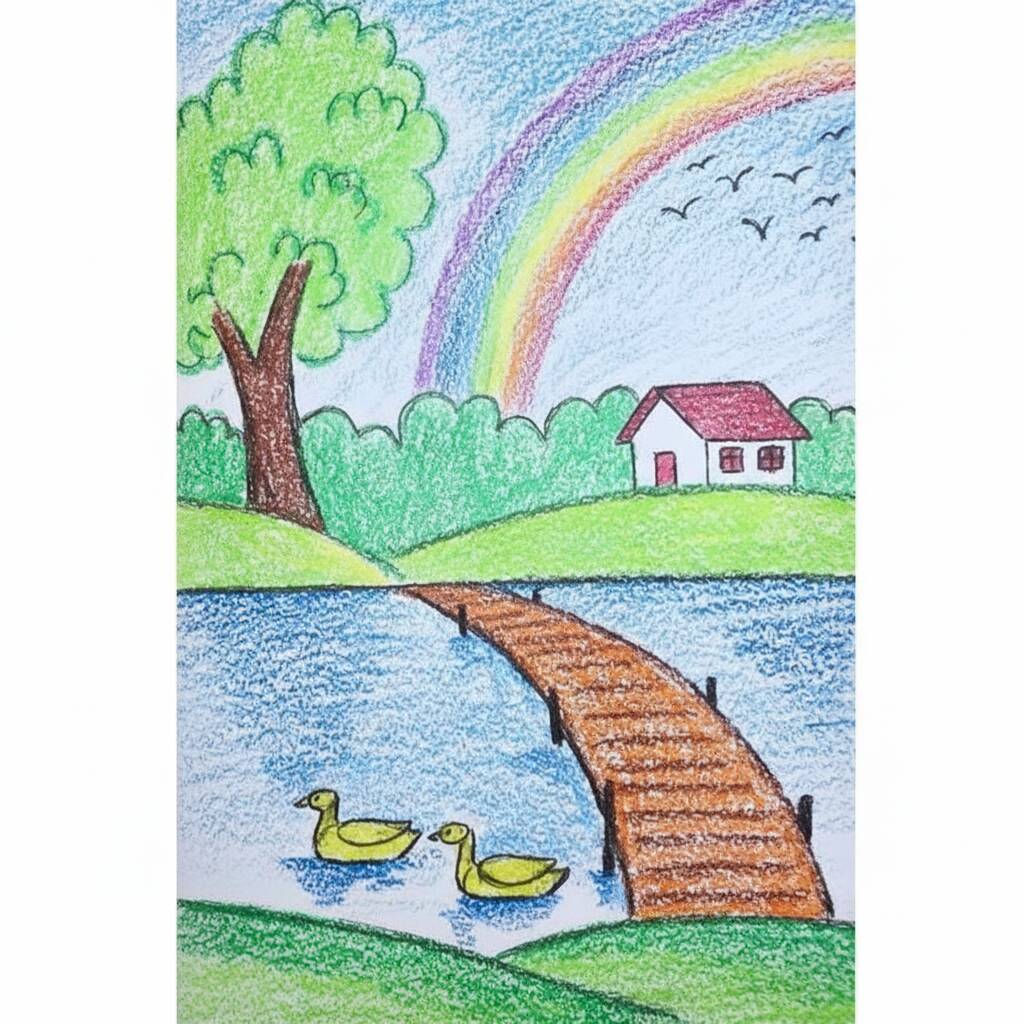 Desenho de paisagem com lago, patos, ponte de madeira, árvore e arco-íris