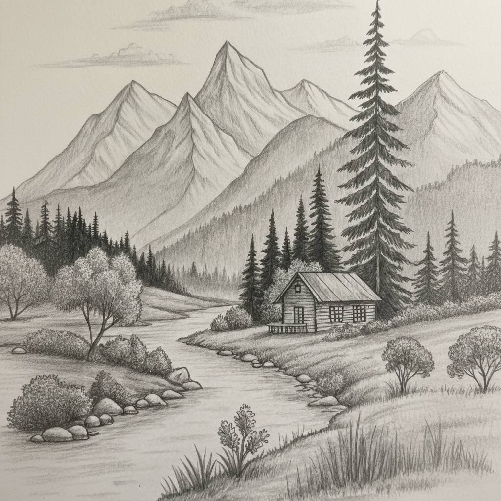 Desenho de paisagem com montanhas, árvores e um lago para colorir
