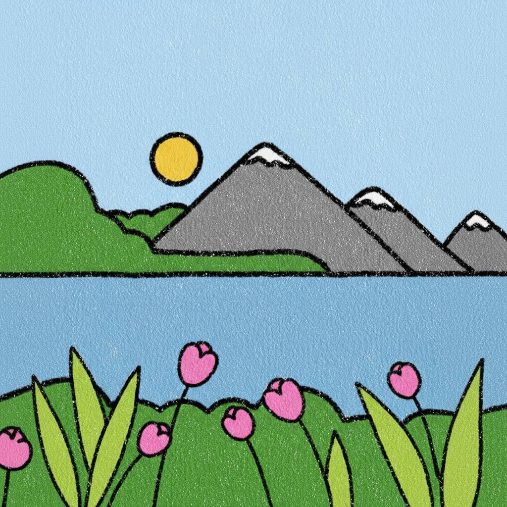 Desenho de paisagem com montanhas, lago e flores coloridas