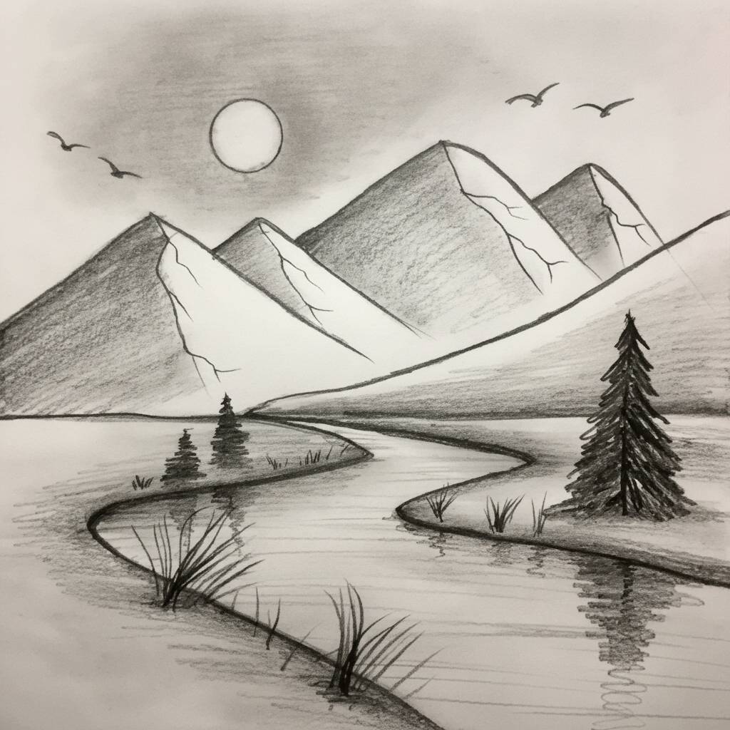 Desenho de paisagem com montanhas, um rio e o sol