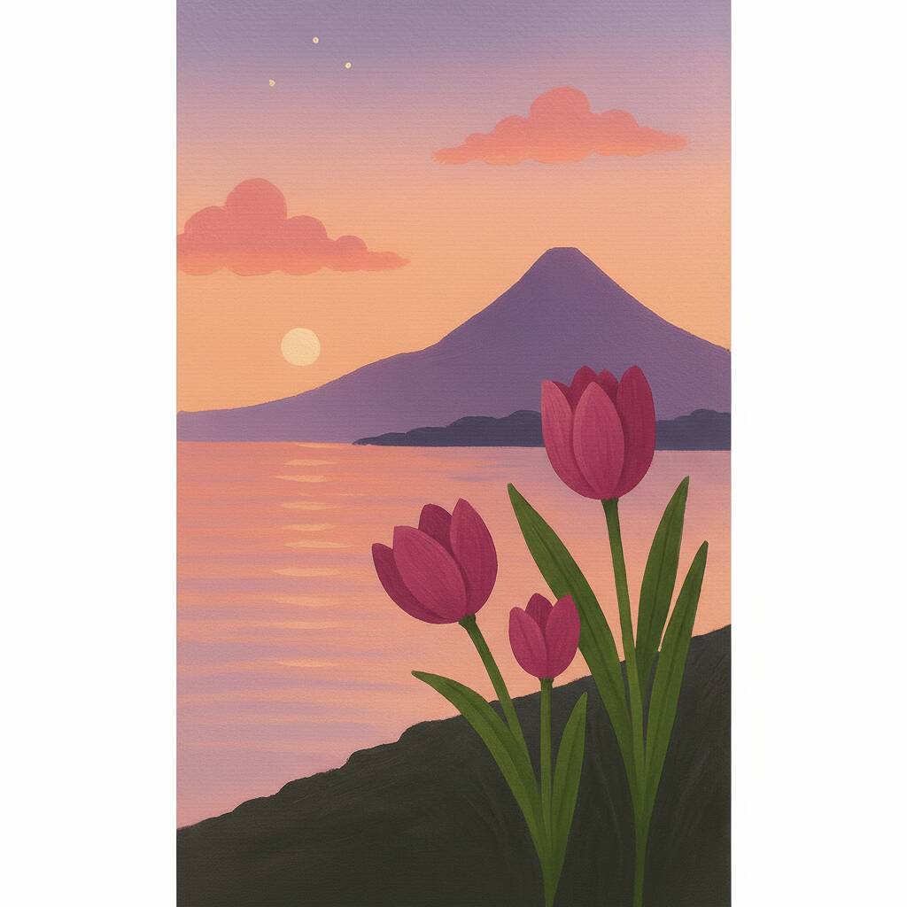 Desenho de paisagem com tulipas e montanha ao pôr do sol