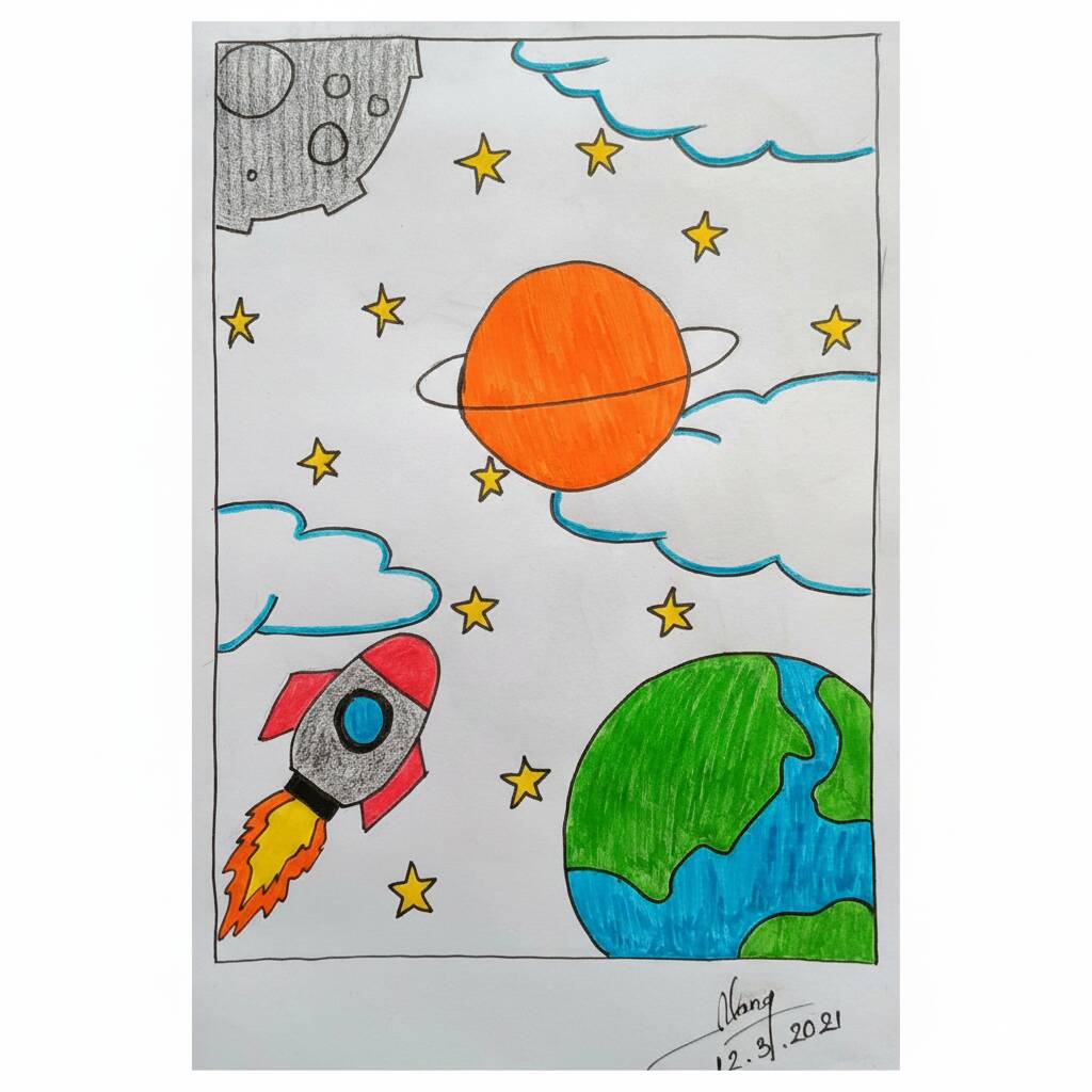 Desenho de paisagem espacial com planetas, foguete e estrelas