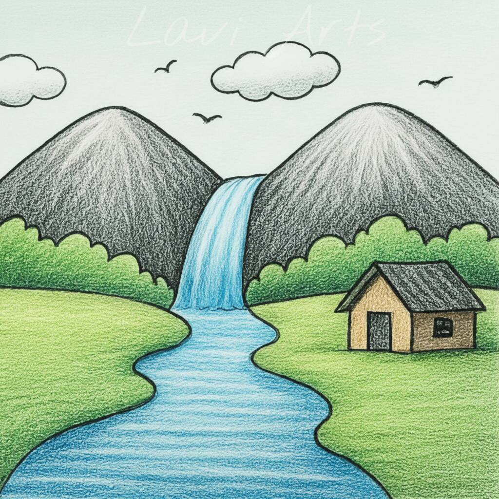 Desenho de paisagem montanhosa com cachoeira e casa