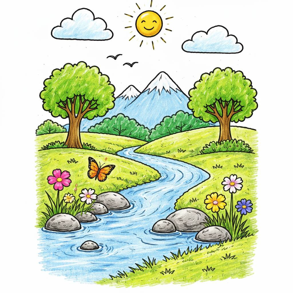 Desenho de paisagem tranquila com rio, árvores e montanhas