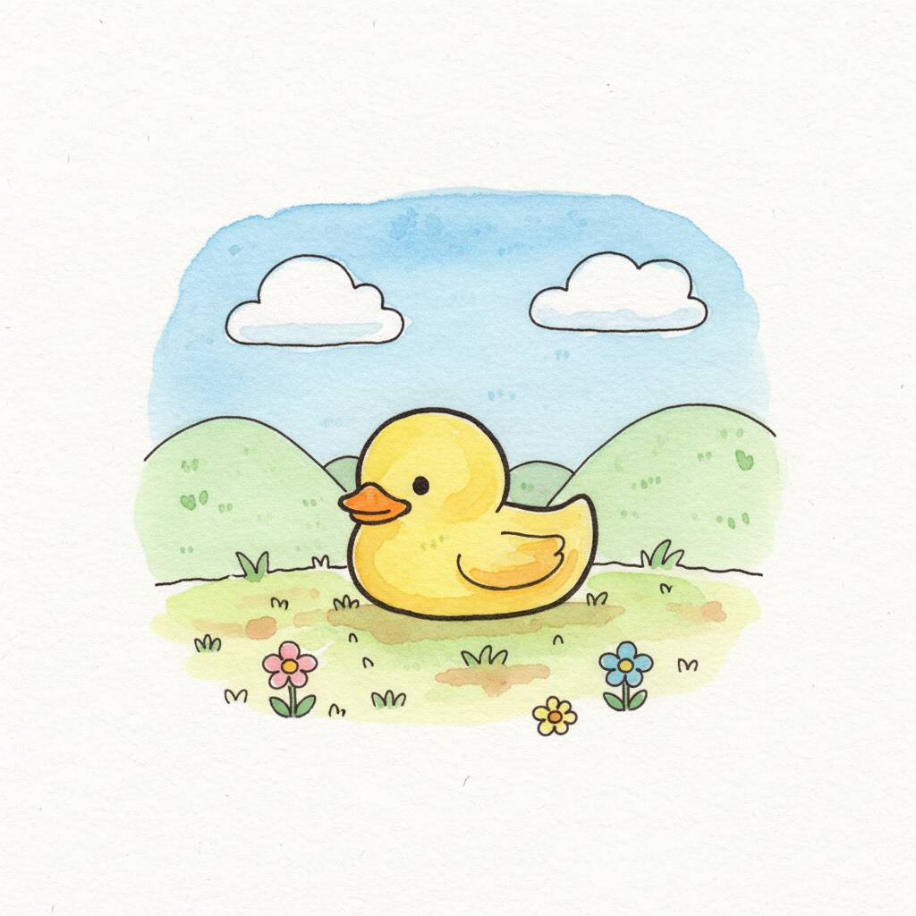 Adorable patito en un campo de flores para dibujar.