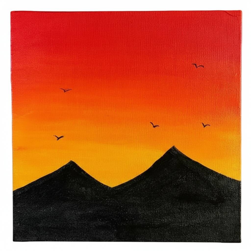 Desenho de pôr do sol com montanhas e pássaros