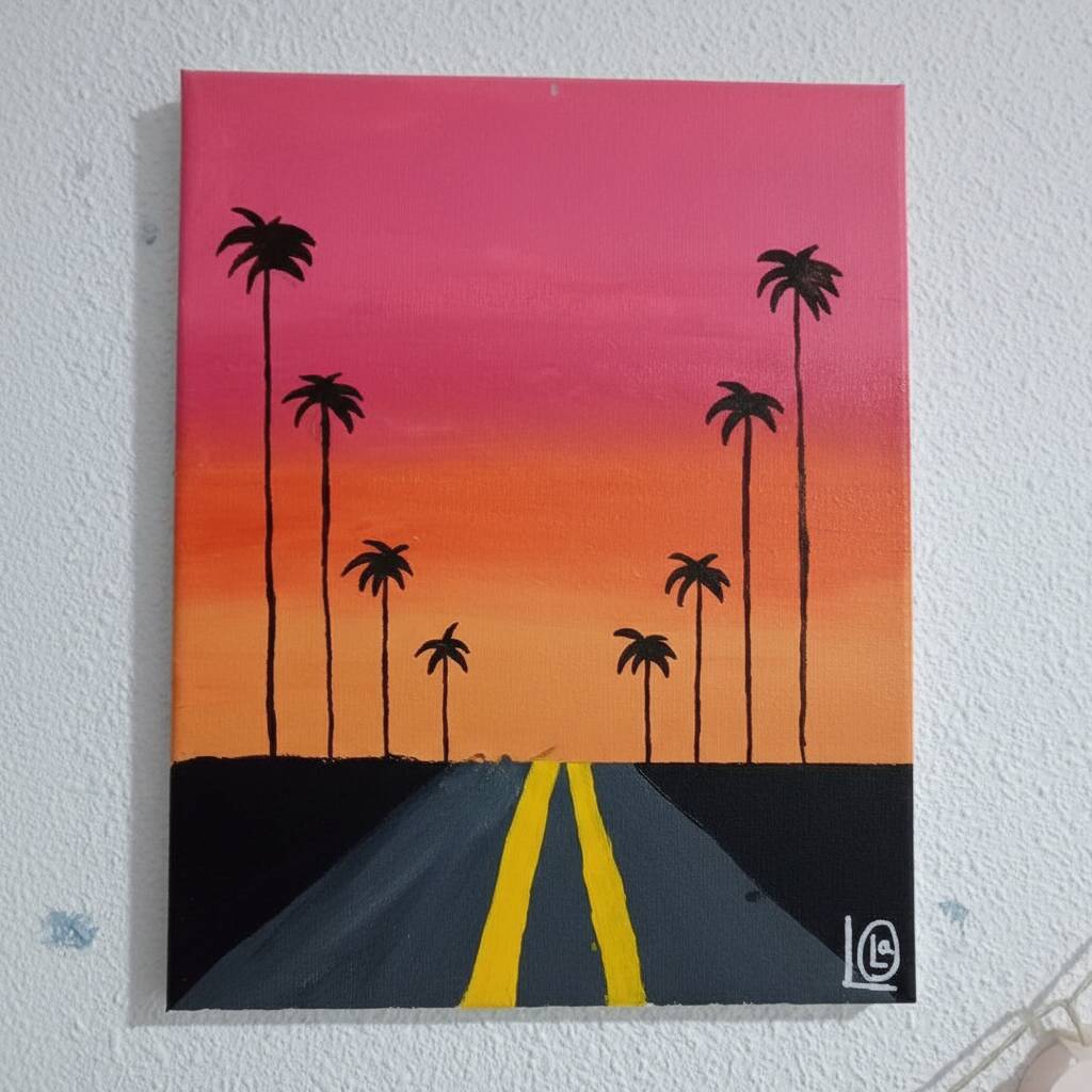 Desenho de pôr do sol com palmeiras para colorir