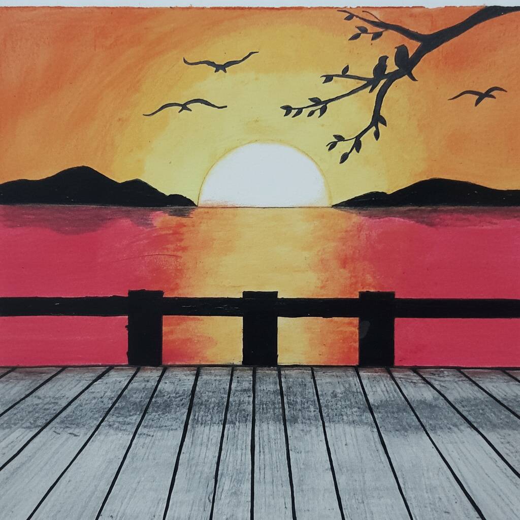 Desenho de pôr do sol sobre o mar com silhuetas de pássaros