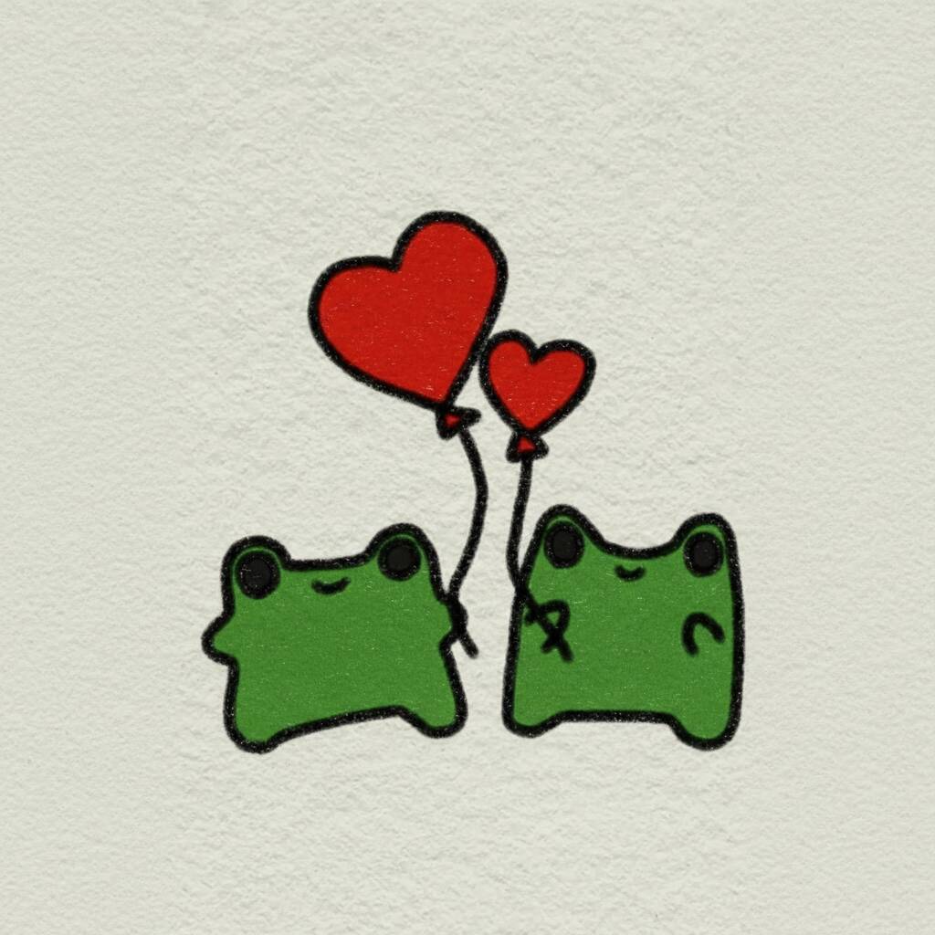 Desenho de sapos fofos segurando balões em forma de coração para colorir