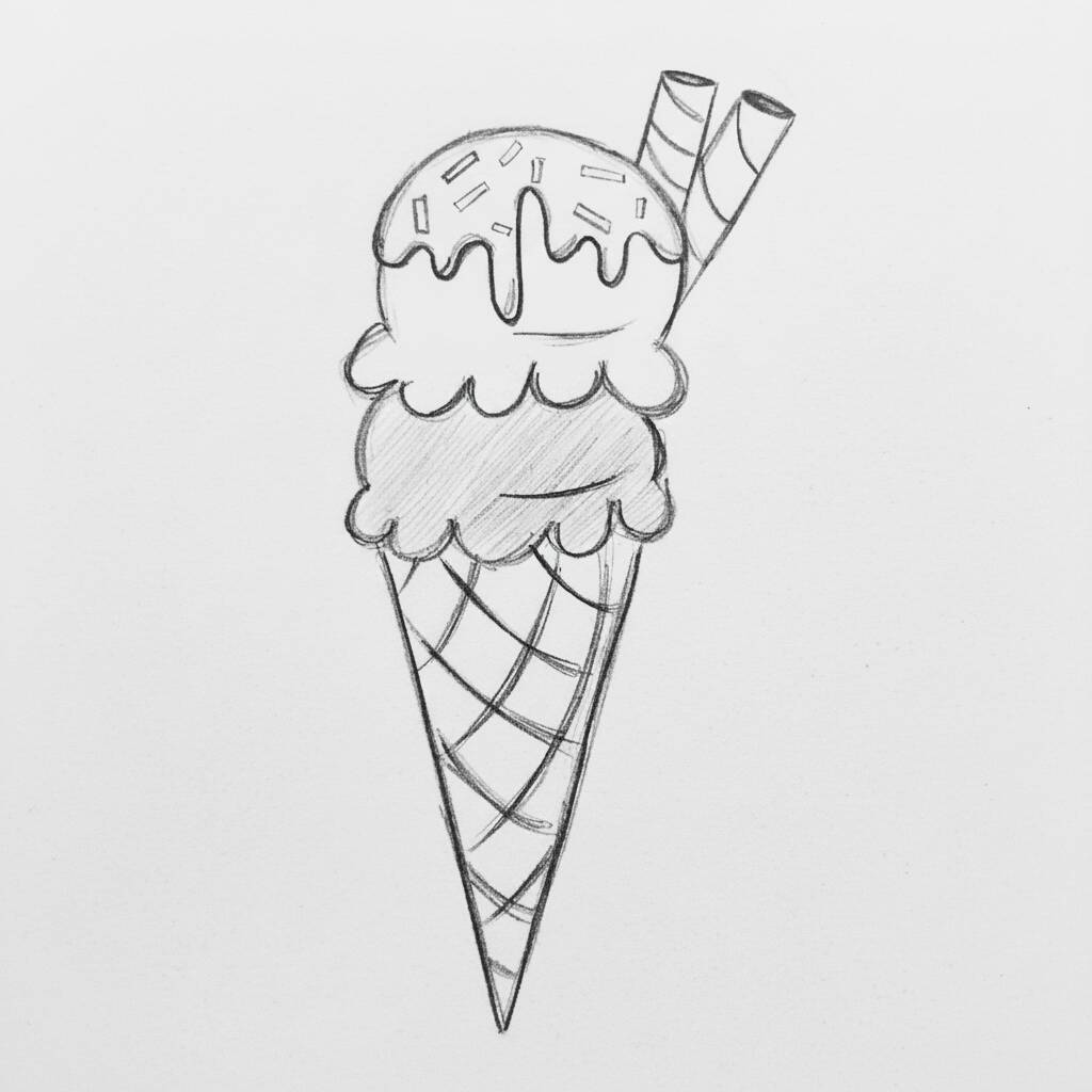 Desenho de sorvete em cone com duas bolas e granulados