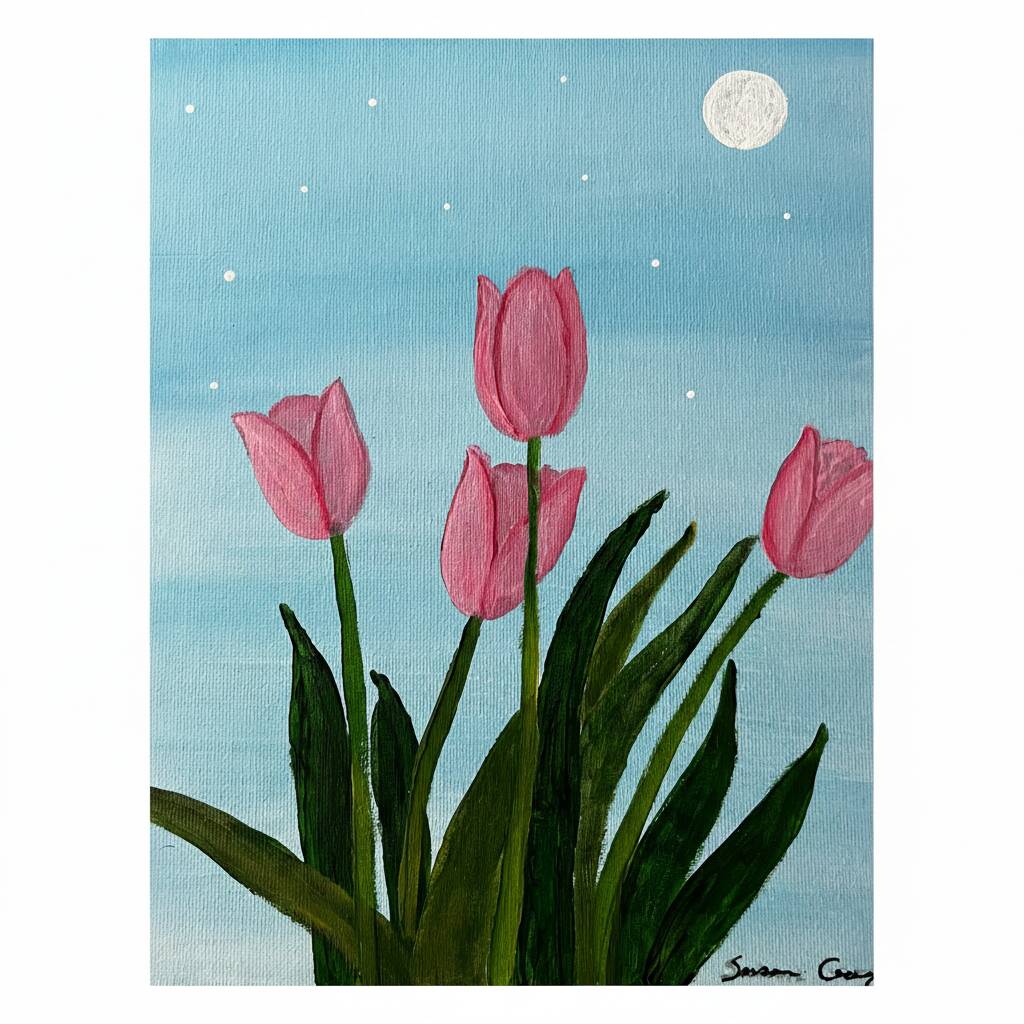 Dibujo de tulipanes en un cielo azul con luna.