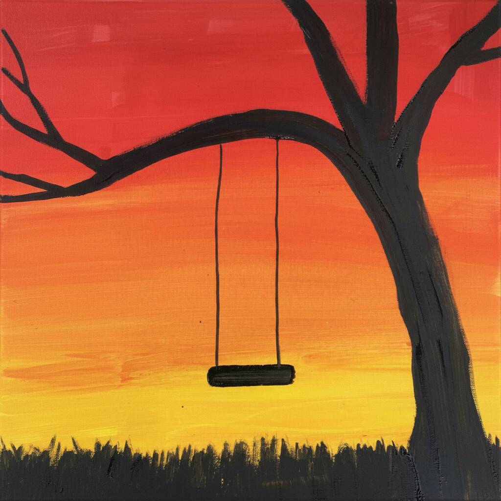 Desenho de um balanço pendurado em uma árvore durante o pôr do sol