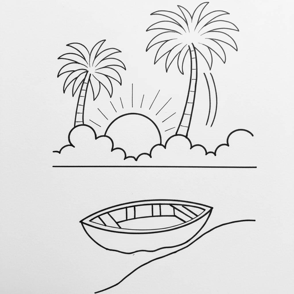 Desenho de um barco com palmeiras e o sol ao fundo
